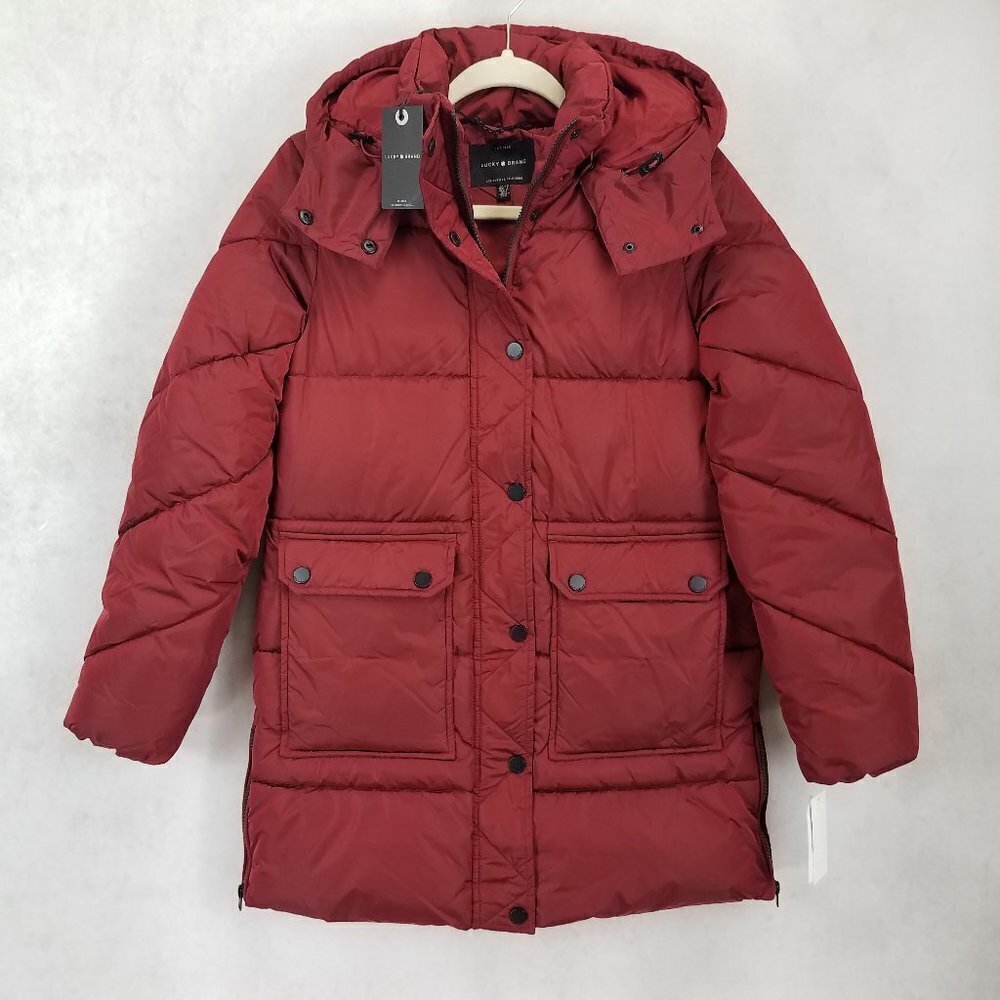 NWT Lucky Brand Puffer Coat Winter Hooded Jacket Vintage Maroon Red XS Quilted